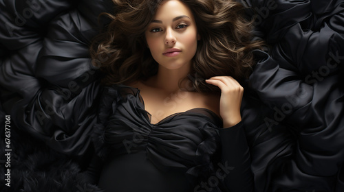 Perfect woman in black dress lying on black watercolor cloth