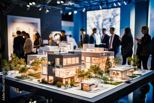 A team of real estate developers, architects, and businessmen collaborates on a detailed scale model for upcoming business buildings in their dynamic office setting photo