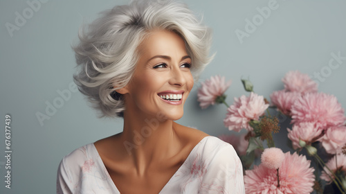 Obraz na płótnie Confident elderly senior model with grey hair and makeup, mature happy smiling female lady with flowers in close-up portrait | Generative AI w salonie