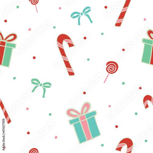 Christmas seamless pattern with gifts and candy canes