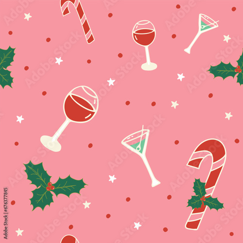 Christmas Seamless Pattern with Party Drinks and Candy Canes