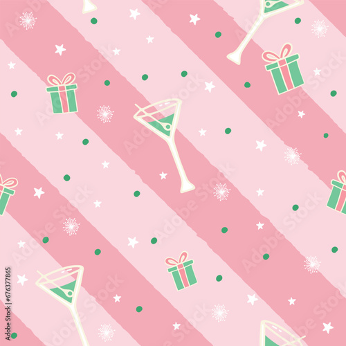 Seamless pattern with martini glasses and confetti