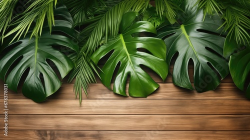 Empty wooden tabletop with tropical monstera leaves plants.