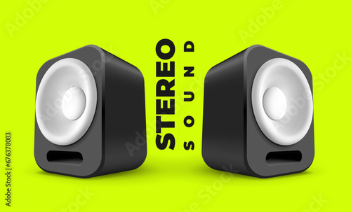 Vector music illustration of black and white color speakers with shadow and text on green background. 3d style design of music speakers with word stereo sound