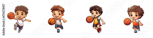 Cartoon cute little boy playing basketbal. Vector illustration.