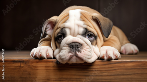 Cute English Bulldog puppy fawn and white. Dog breed English bulldog a close up © Imeshi