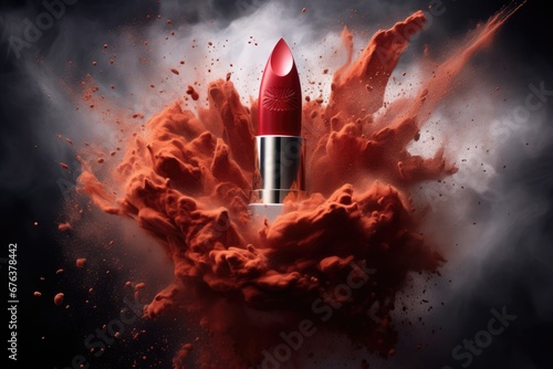 red lipstick in black case with powerful explosion of dust on dark background photo