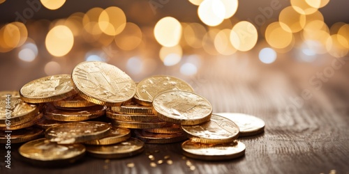 festive chocolate coins wrapped in golden foil on a wooden table, the backdrop of a glowing garland. banner, copy space