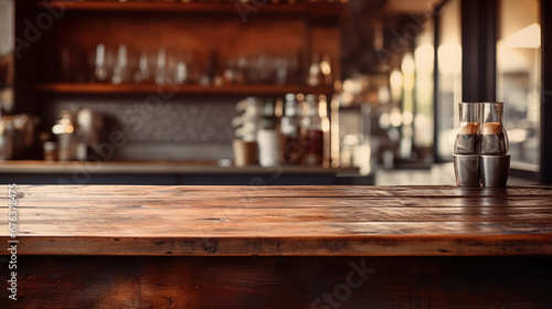 Through the café window, a wooden surface hosts a flower, coffee machine, and cups. © maniacvector
