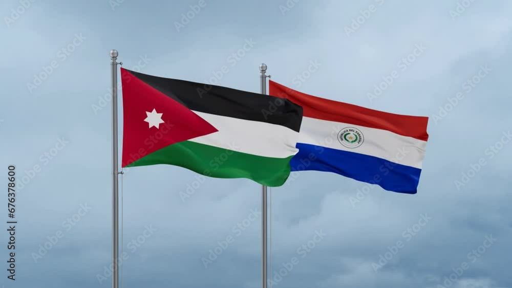 Paraguay flag and Jordan flag waving together on cloudy sky, endless seamless loop, two country relations concept Paraguay flag and Jordan flag waving together on cloudy sky, endless seamless loop, two country relations concept