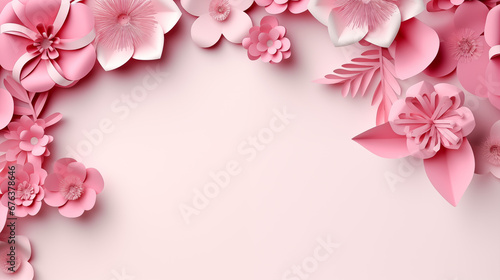Happy women's day background with pink campanula flowers, eucalyptus leaves on a pink backdrop. Paper art style. photo