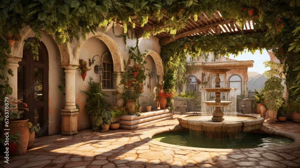 A Mediterranean-style patio with a tiled fountain, an iron pergola, and lush climbing vines.