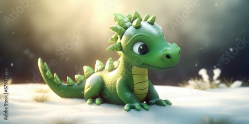 Cute Green Dragon in snow. Green Dragon Symbol Of New Year 2024. Creative Christmas Background © maxa0109
