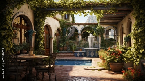 A Mediterranean-style patio with a tiled fountain, an iron pergola, and lush climbing vines.