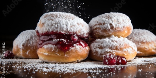 super delicious donuts filled with jam and sprinkled with powdered sugar. closeup