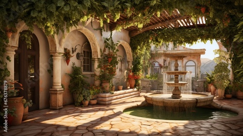 A Mediterranean-style patio with a tiled fountain, an iron pergola, and lush climbing vines.