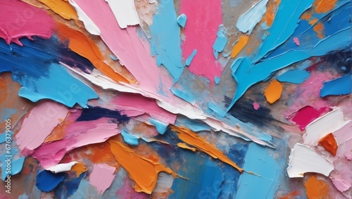 Close-up of the texture of a rough multi-colored abstract art painting with brush stroke, pallet knife paint on canvas