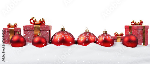 Row full of red Christmas balls and red gifts with with golden bows over the snow isolated on cutout PNG transparent background