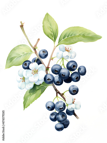 Watercolor illustration of ripe chokeberries on a branch, white background 