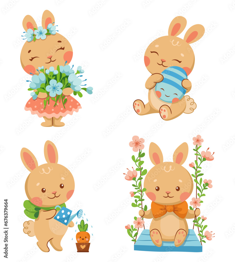 Fototapeta premium Set of cartoon vector illustrations cute rabbits