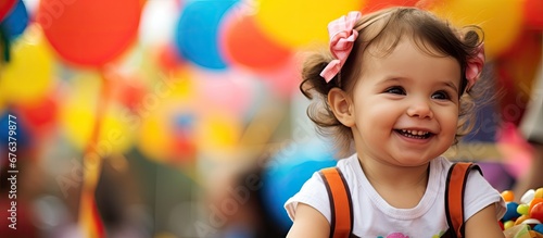At the carnival party the background was filled with vibrant colors as the adorable baby girl dressed in a fashionable outfit brought joy and love to everyone s faces with her contagious smi