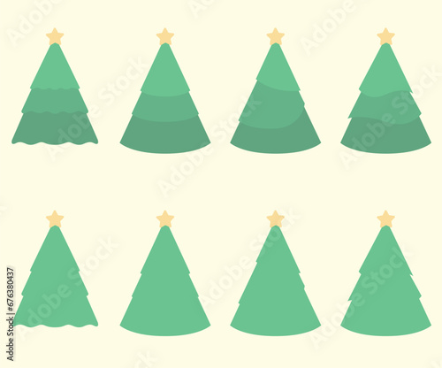 Set albero di natale. Decorazione natalizia, otto diverse icone di albero di natale per biglietti di auguri, inviti e regali.