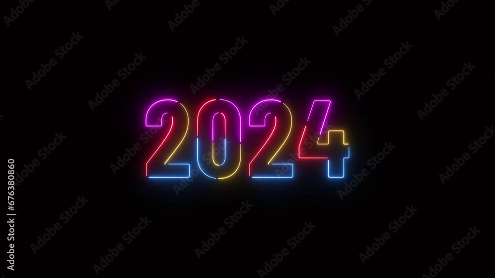 Neon text animation of a Happy New Year 2024 . 2024 with neon lights text background, Neon text animation of a Happy New Year 2024 . 2024 with neon lights text background,