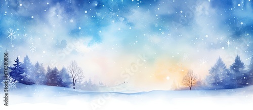 In the background of a Christmas themed abstract design vibrant watercolor strokes depict the beauty of nature in winter with delicate snowflakes falling gracefully The concept highlights th © TheWaterMeloonProjec