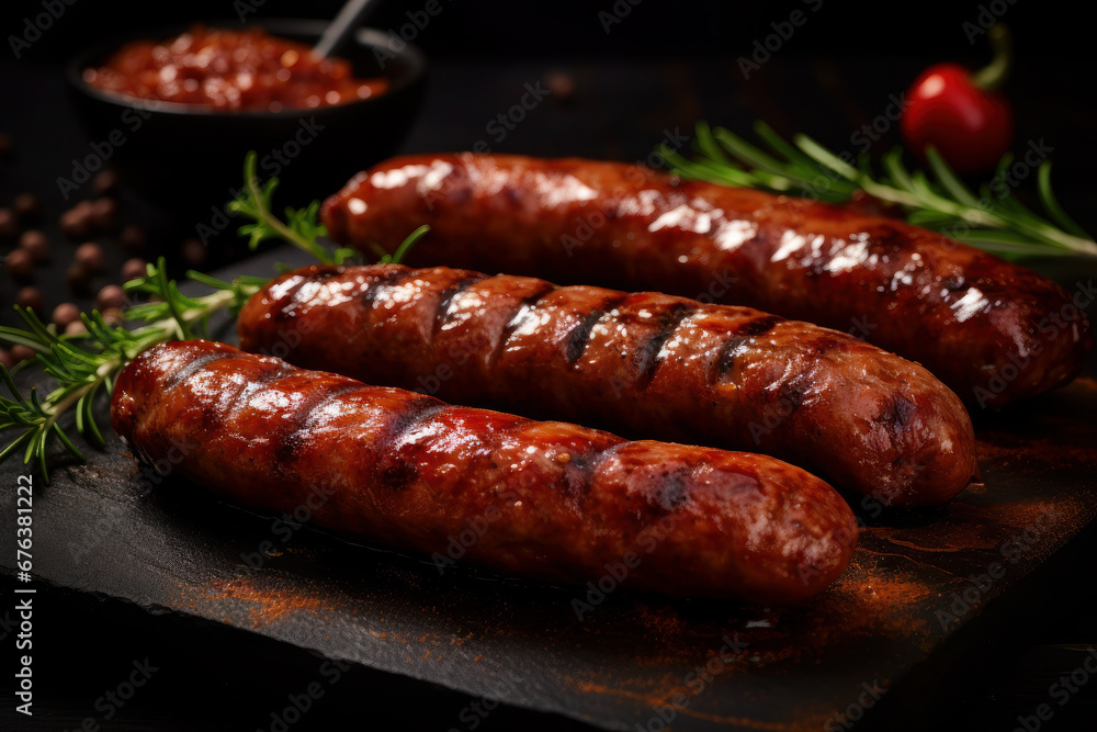 Fried sausage. delicious dish of German cuisine. grilled meat delicacy made from pork or beef. food on a dark background Fried sausage. delicious dish of German cuisine. grilled meat delicacy made from pork or beef. food on a dark background