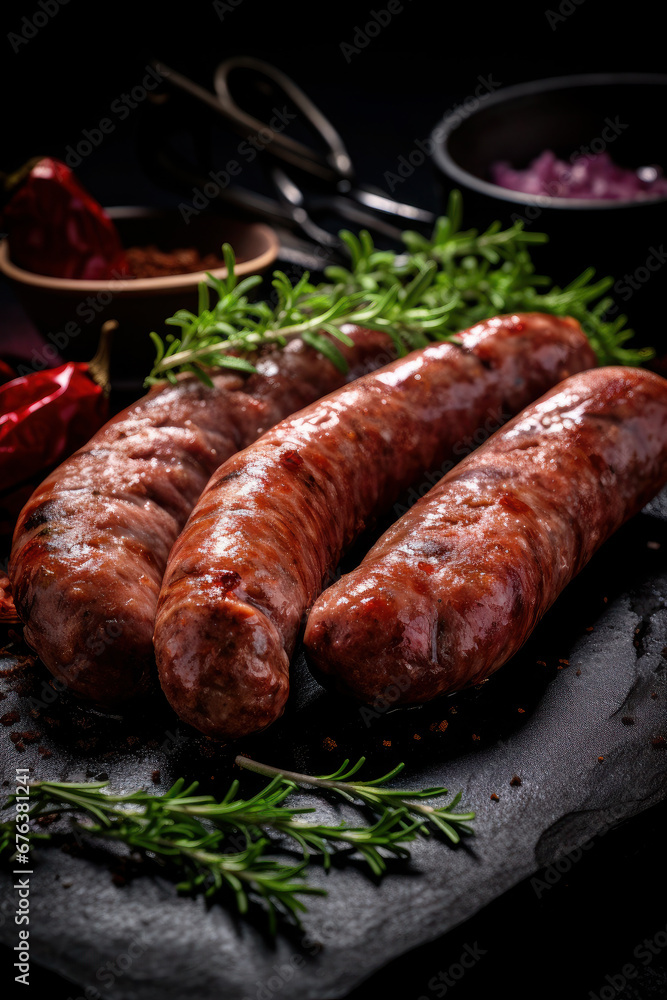 Fried sausage. delicious dish of German cuisine. grilled meat delicacy made from pork or beef. food on a dark background Fried sausage. delicious dish of German cuisine. grilled meat delicacy made from pork or beef. food on a dark background
