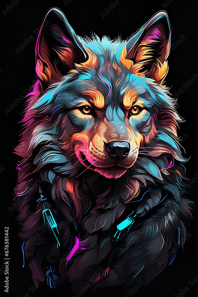 Neon wolf portrait. Abstract animal art in black background. 80s style t-shirt design. Neon wolf portrait. Abstract animal art in black background. 80s style t-shirt design.
