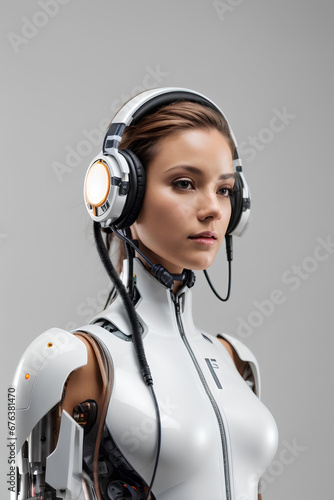 Woman in headphone with robotic body parts. Science Technology and engineering concept