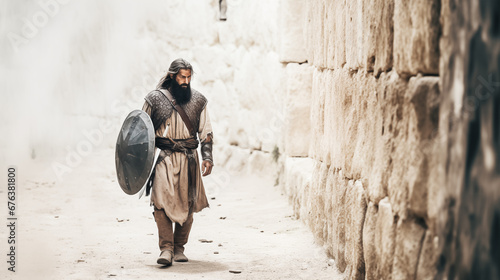 Portrait of a biblical Nehemiah overseeing the construction of the city walls in Jerusalem. Old testament concept. photo