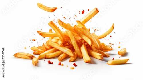 Fast food. Flying fried potatoes and ketchup isolated on white background. French fries. Made with generative ai