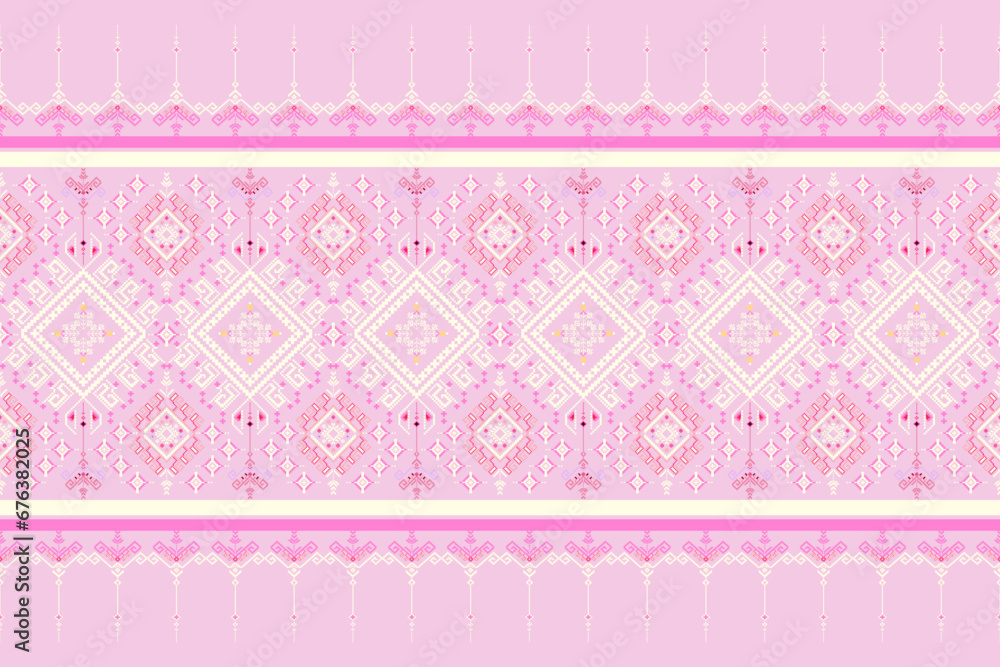 Ethnic pattern design, ethnic pattern graphics, geometric and floral shapes used for pink background with heart embroidery style illustration, ethnic abstract pixel art.