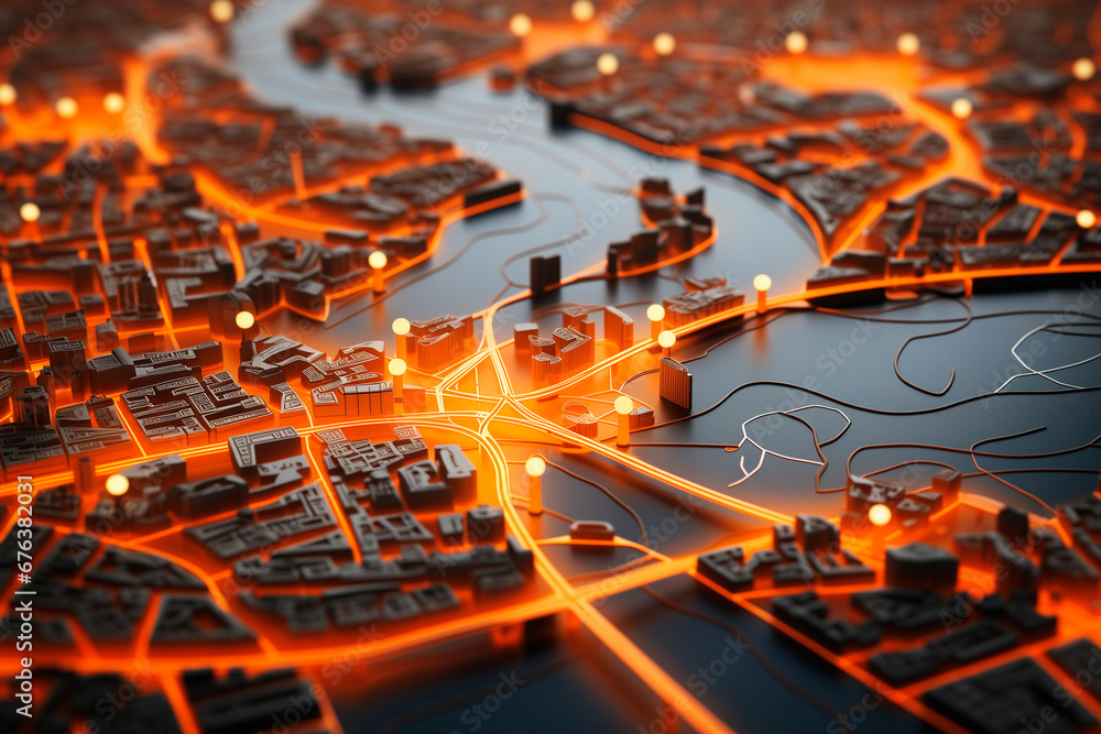 3D city map with routes and round marks on it - obrazy, fototapety, plakaty 