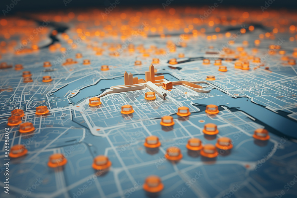 3D city map with routes and round marks on it 3D city map with routes and round marks on it