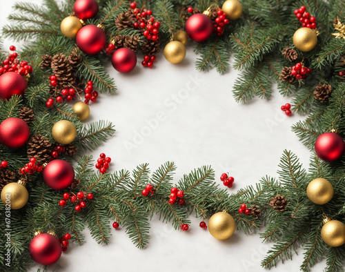 christmas tree branches and decorations, copy space