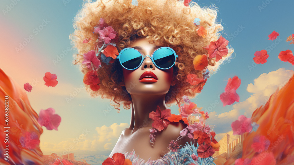 Stylish Woman Posing with Flowers in Natural Beauty Stylish Woman Posing with Flowers in Natural Beauty
