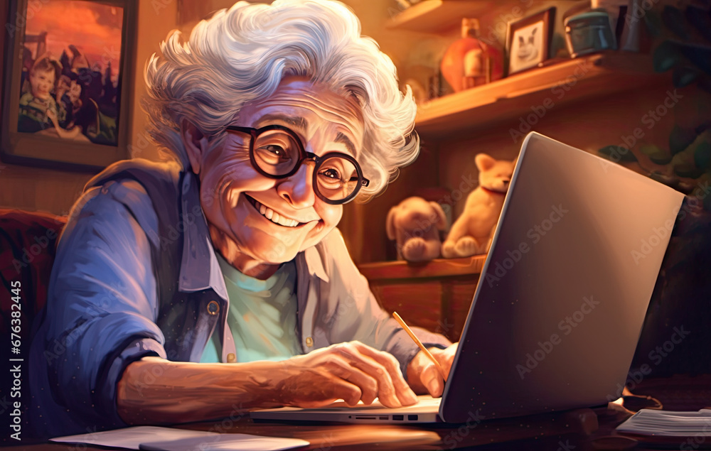 Active pensioner with glowing eyes enthusiastically engaged in work on laptop