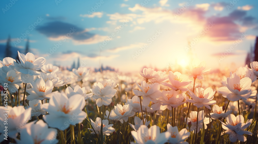 beautiful spring field of flowers at dawn. Easter morning. natural background
