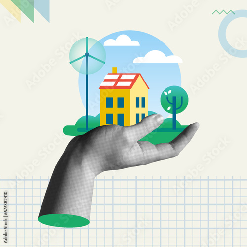 Clean energy concept in retro collage vector illustration