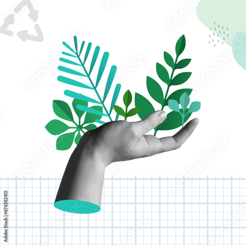 Human hand holding green plants in retro collage illustration