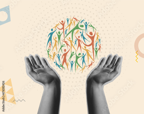 Diverse people cartoon and hand in retro collage vector illustration