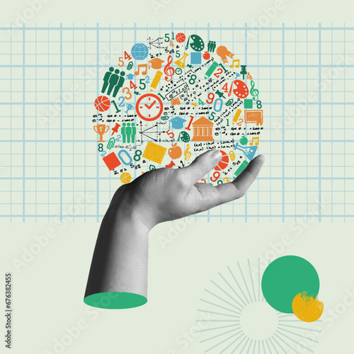 Education concept hand in retro collage 90s style vector illustration