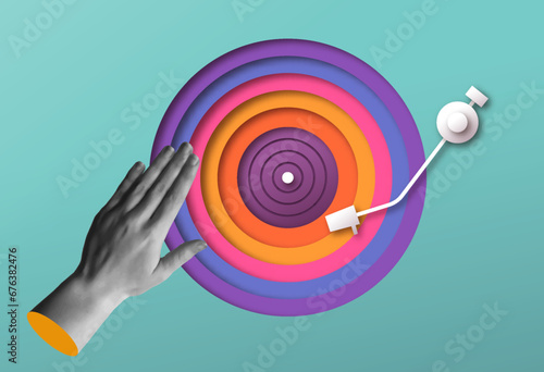 Dj mixing music with colorful vinyl record in retro collage vector