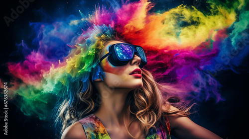 Women wearing virtual reality headsets exploding with rainbow-colored dust crown with black background