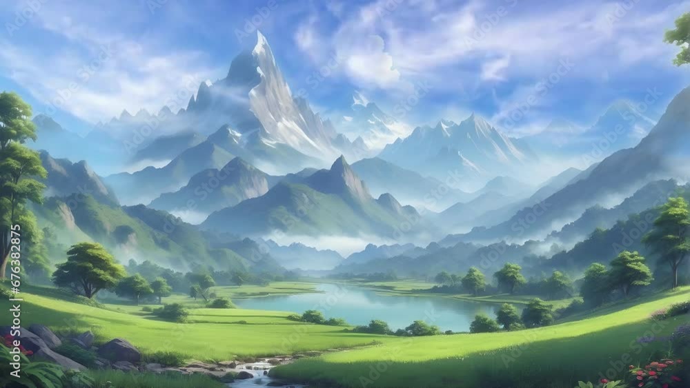 A serene and picturesque landscape, with majestic mountains rising in the distance and lush greenery stretching as far as the eye can see. A serene and picturesque landscape, with majestic mountains rising in the distance and lush greenery stretching as far as the eye can see.