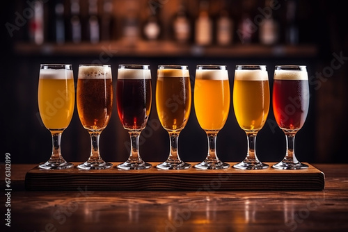 Various types of beer in glasses on a wooden table in a pub