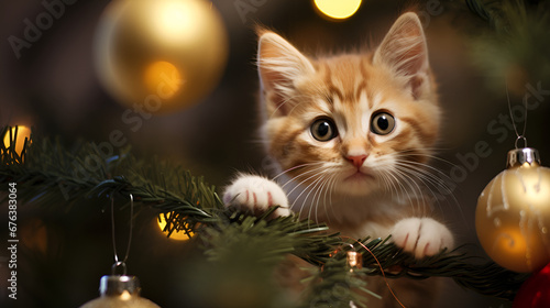 cute kitten playing with a Christmas bauble hanging in a christmas tree